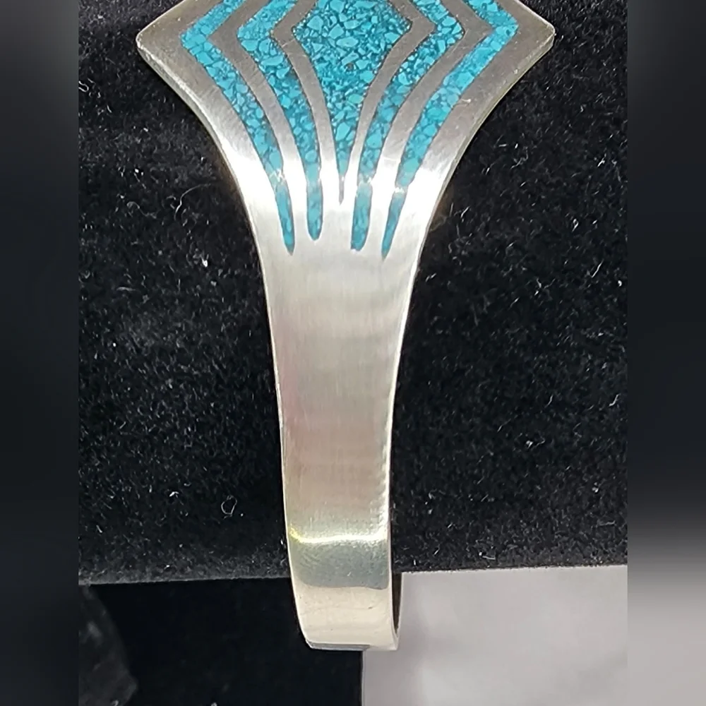 Vintage Sterling Silver Taxco Cuff Bracelet with turquoise inlay.